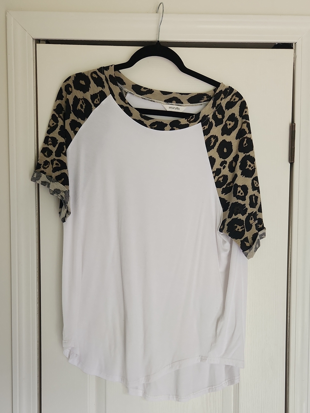 Amaryllis White Top with Olive Leopard Raglan Sleeves